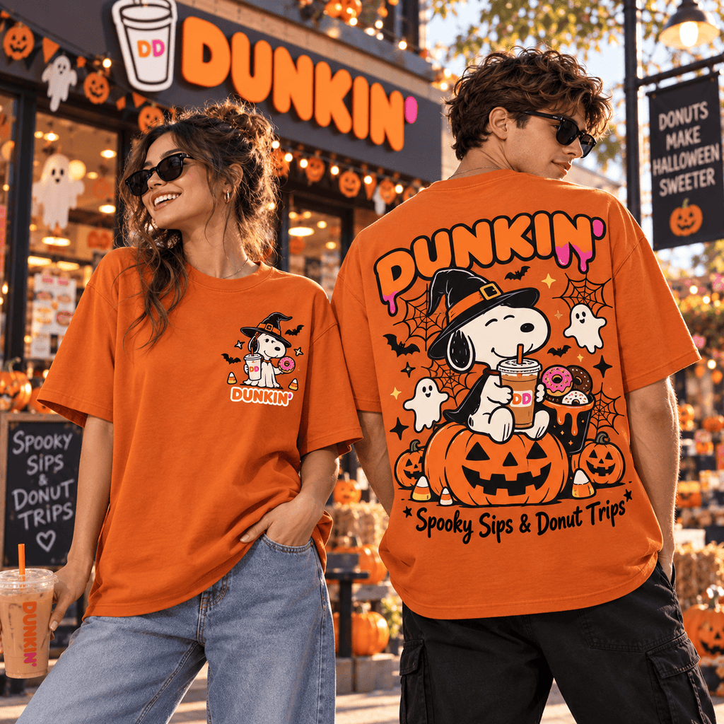 Snoopy Dunkin Witch Pumpkin Spooky Sips and Donut Trips 3D Shirt for Halloween Coffee Lovers