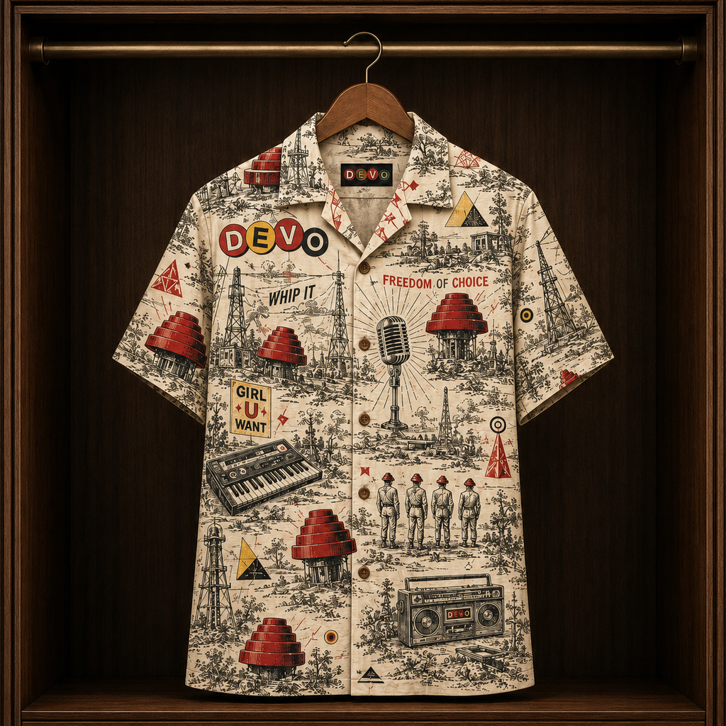DEVO Hawaiian Shirt - Retro New Wave Band AOP Button Up Shirt with Whip It and Freedom of Choice Art