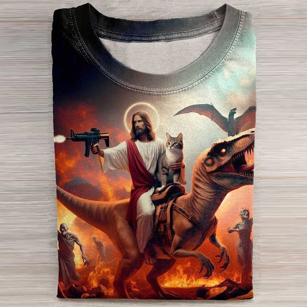 Jesus With Cat Riding Dinosaur T-Rex T-Shirt Funny Jesus Art Graphic Tee Unique Gifts - Otakuforge