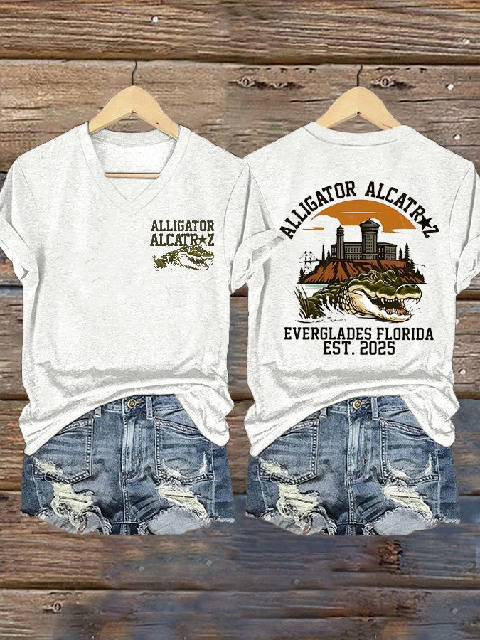 Alligator Alcatraz V-Neck Shirt Women's Trump Florida Everglades EST 2025 Merch Clothing - Otakuforge