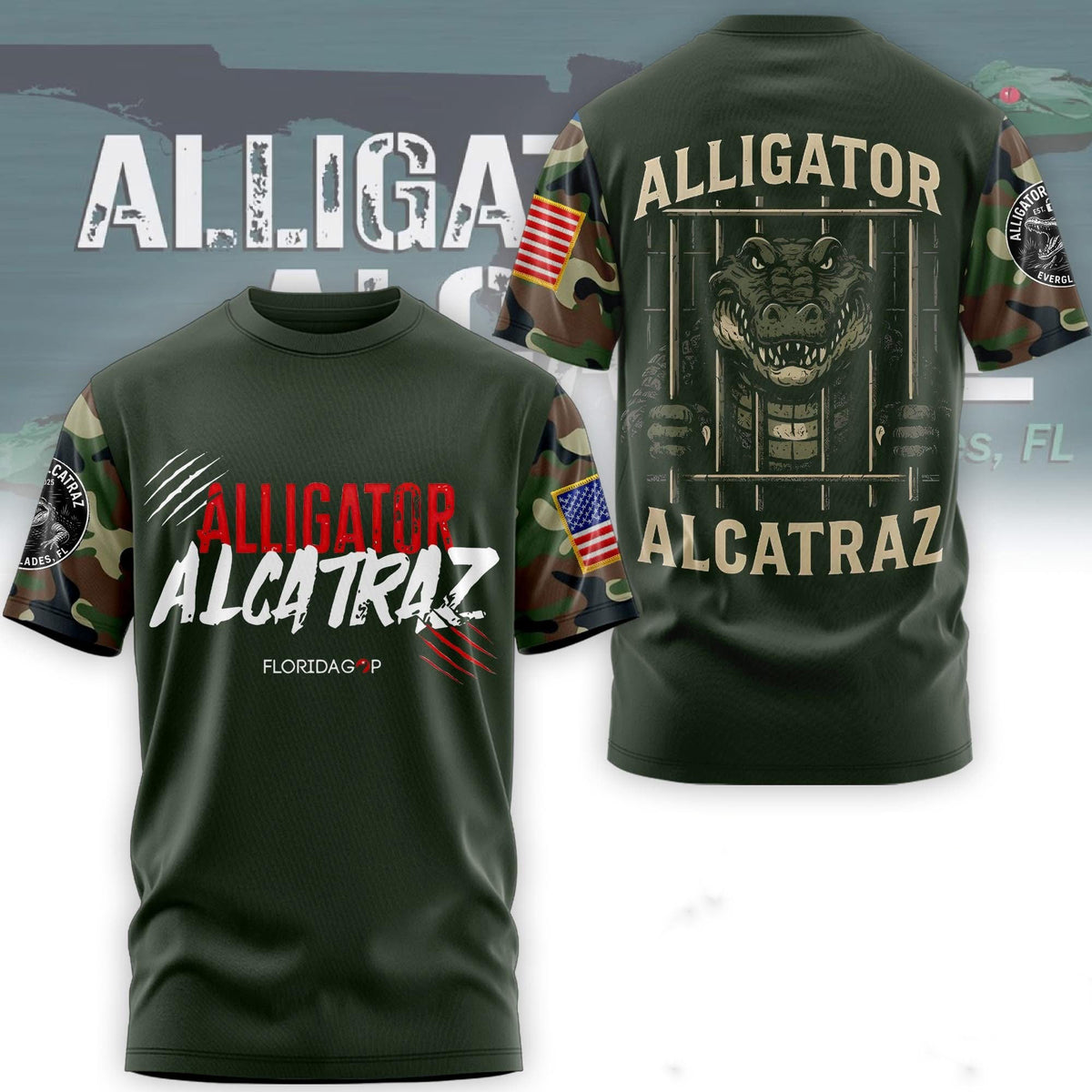 Alligator Alcatraz T-Shirt Camo American Flag Alligator Alcatraz Merch Shirts For Sale - Otakuforge