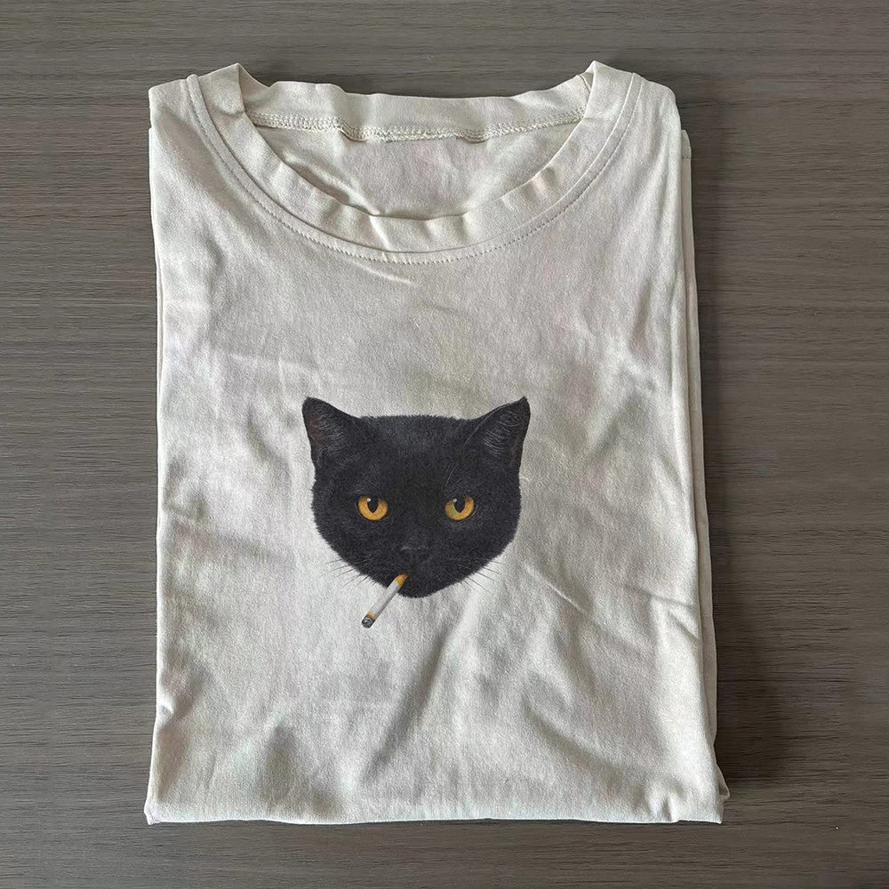 Smoking Black Cat Head T-Shirt Funny Hilarious Black Cat Themed Gifts - Otakuforge