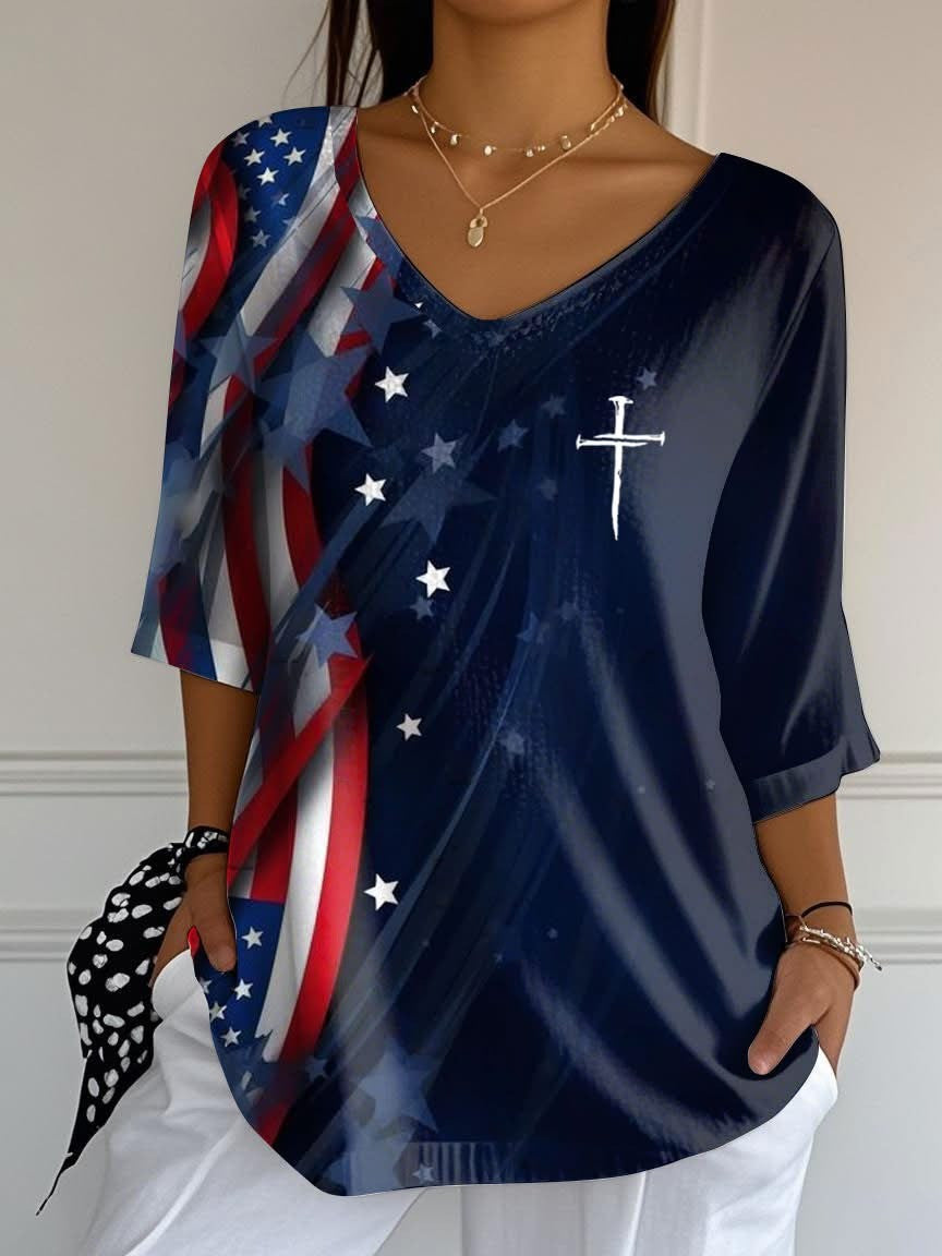 Three Nail Cross American Flag Long Sleeve V-Neck Shirt Women's Faith Patriotic Apparel - Otakuforge