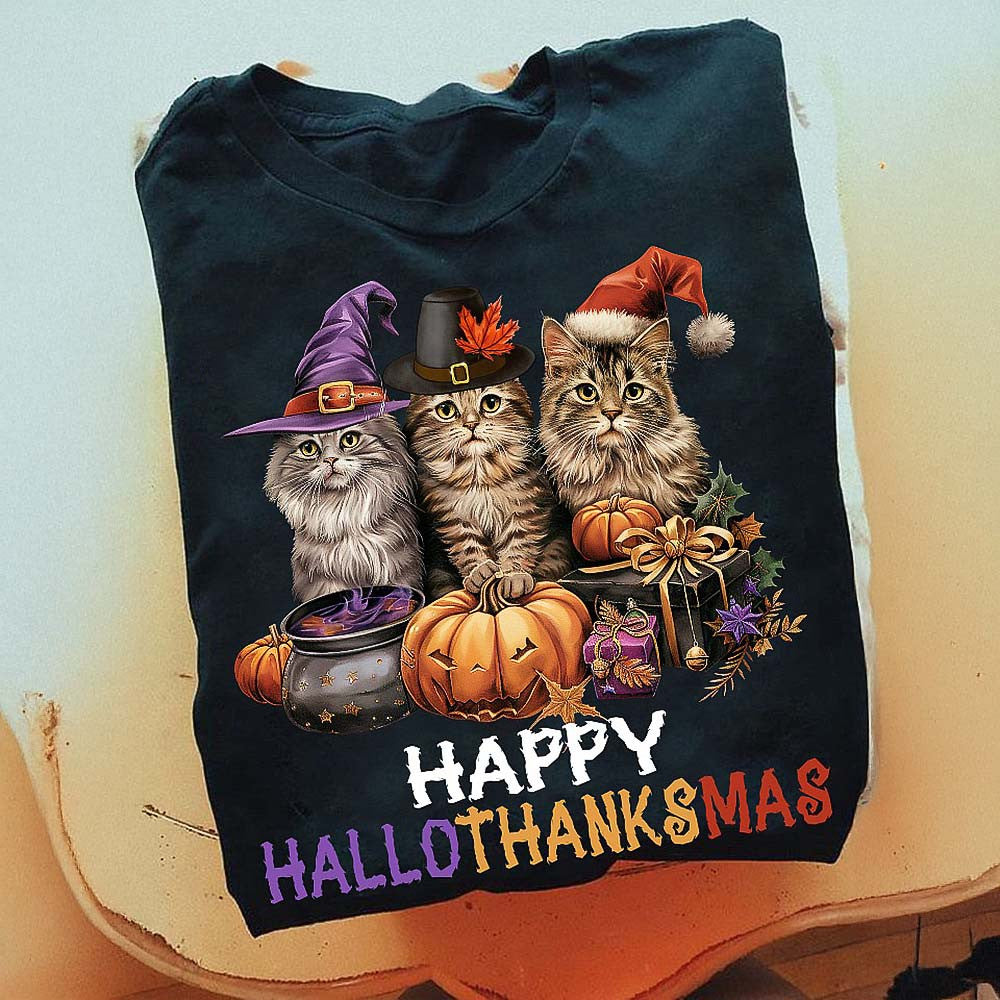 Happy Hallothanksmas Cat Shirt Halloween Thanksgiving Christmas Cats T-Shirt Gifts For Him Her - Otakuforge