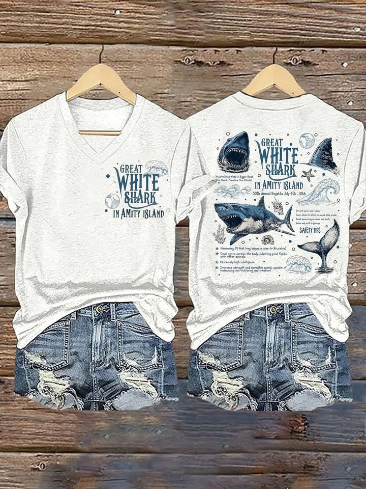 Great White Shark In Amity Island V-Neck T-Shirt Women's Jaws 50th Anniversary Fan Merch - Otakuforge