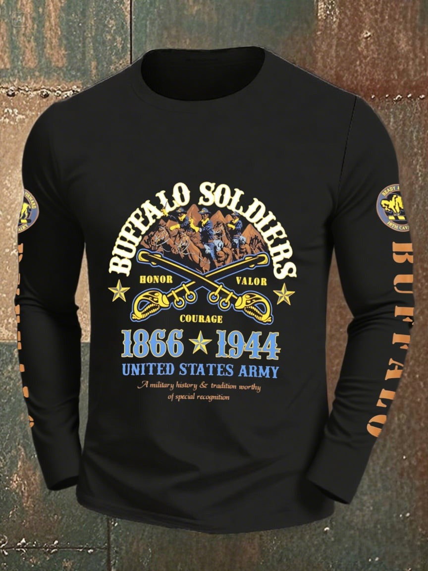 Black Vintage Buffalo Soldier Print Long Sleeve Shirt US Army Clothing Men's - Otakuforge