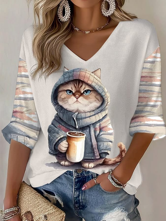 Winer Cat Kitten With A Coffee Long Sleeve V-Neck T-Shirt Women's Cure Gifts For Cat Person - Otakuforge