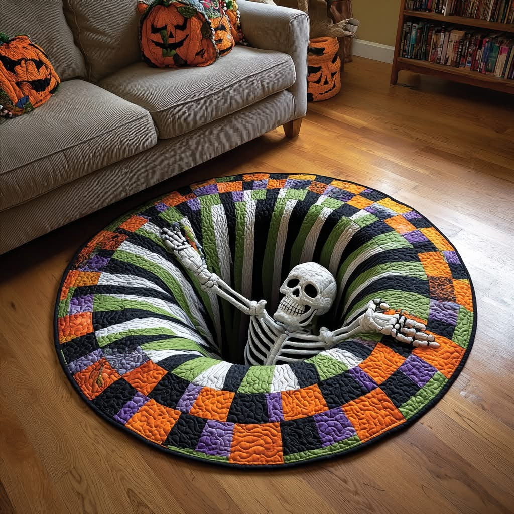 Skeleton Candy Corn Abyss Hollow Whirl Halloween Quilted Round Mat Funny Circle Rug - Otakuforge