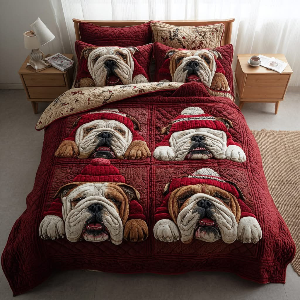 Bulldog Christmas Quilted Bedding Set Duvet Cover Xmas Gifts For Bulldog Lovers Owners - Otakuforge