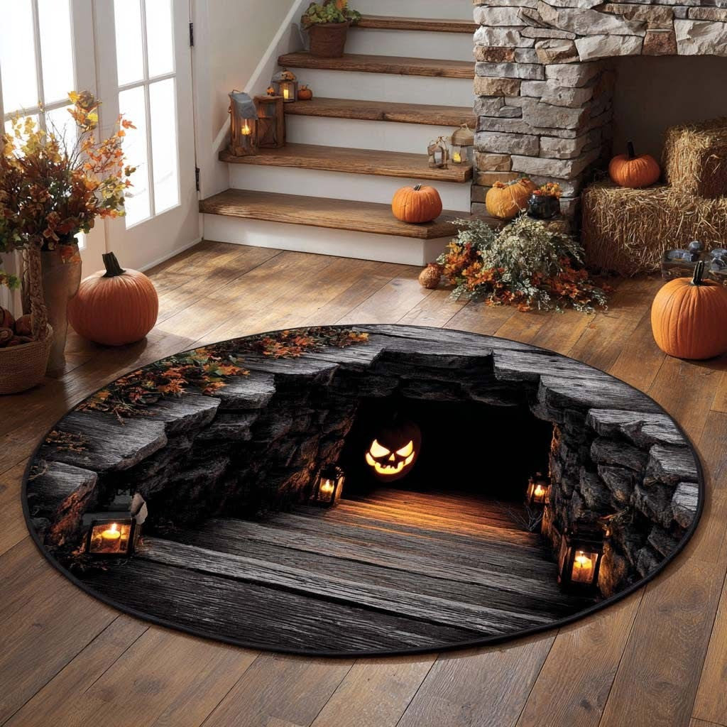 Spooky Pumpkin Halloween Quilted Round Mat Circle Rug Floor Decoration Themed Gifts - Otakuforge