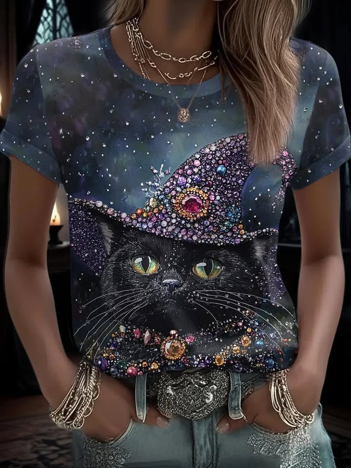Black Cat Crystal Witch Halloween T-Shirt 3D Print Clothing Gift For Cat Lovers For Her - Otakuforge