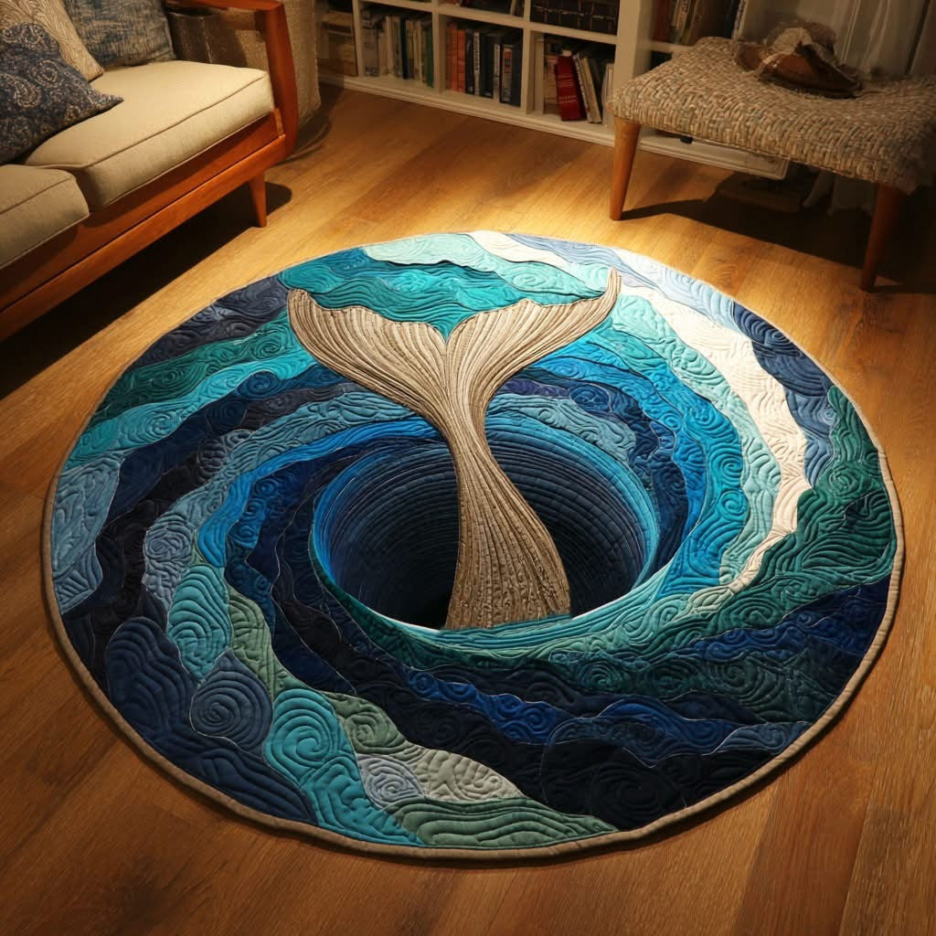 Whale Mermaid Tail Blue Whirlpool Quilted Round Mat 3D Whale Tail Ocean Vortex Circle Rug - Otakuforge