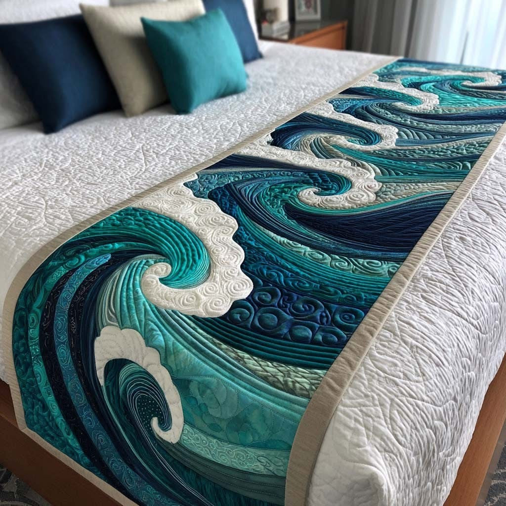 Ocean Waves Quilted Bed Runner Tsunami Aesthetic Wave Surf Bed Runner Gift Idea - Otakuforge