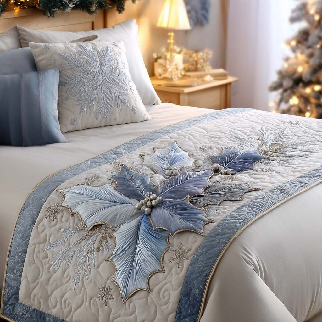 Winter Snowflakes Mistotoes Quilted Bed Runner White Romantic Christmas Bed Runner Gift - Otakuforge
