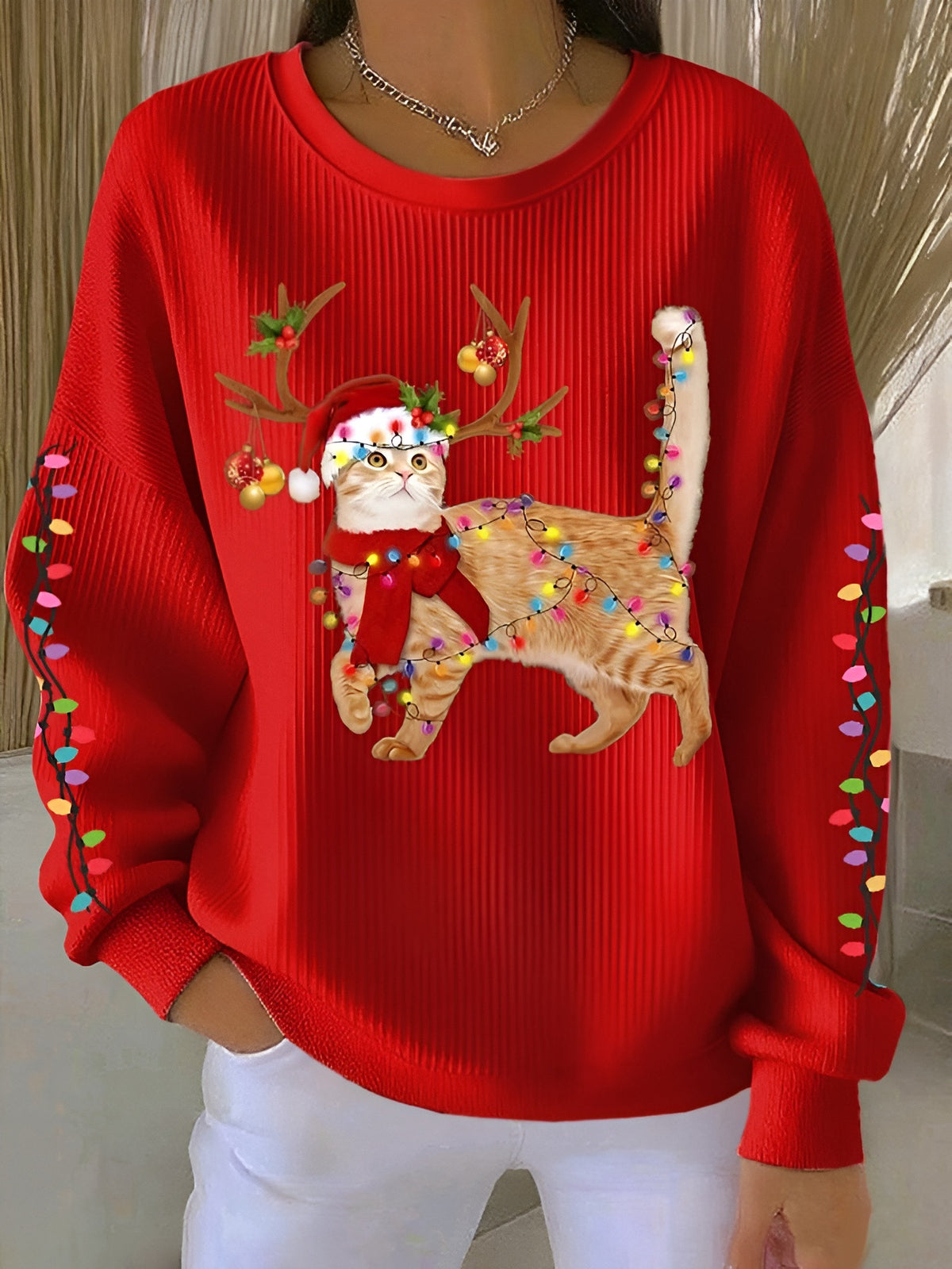 Orange Cat Christmas Sweatshirt Cute Kitten Lighting Shirt Christmas Merch Gift For Her - Otakuforge