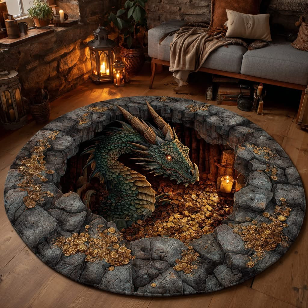 Dragon Cavern Keeper Quilted Round Mat Unique Magical Dragon Circle Mat Home Decoration - Otakuforge