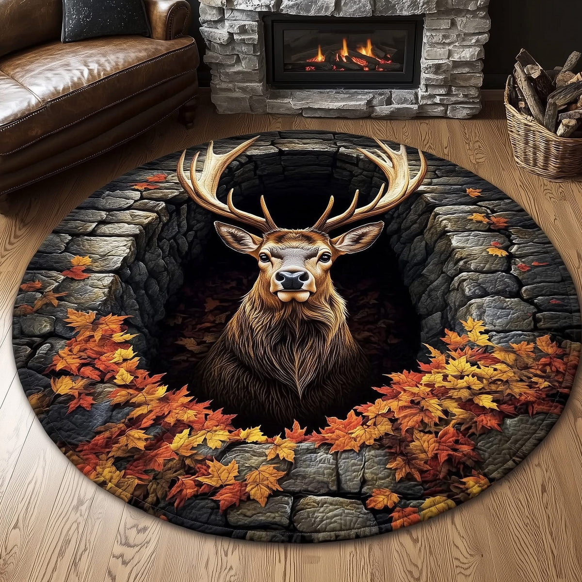 Mystic Autumn Deer Quilted Round Mat Autumn Maple Leaves Best Home Decor Gifts - Otakuforge