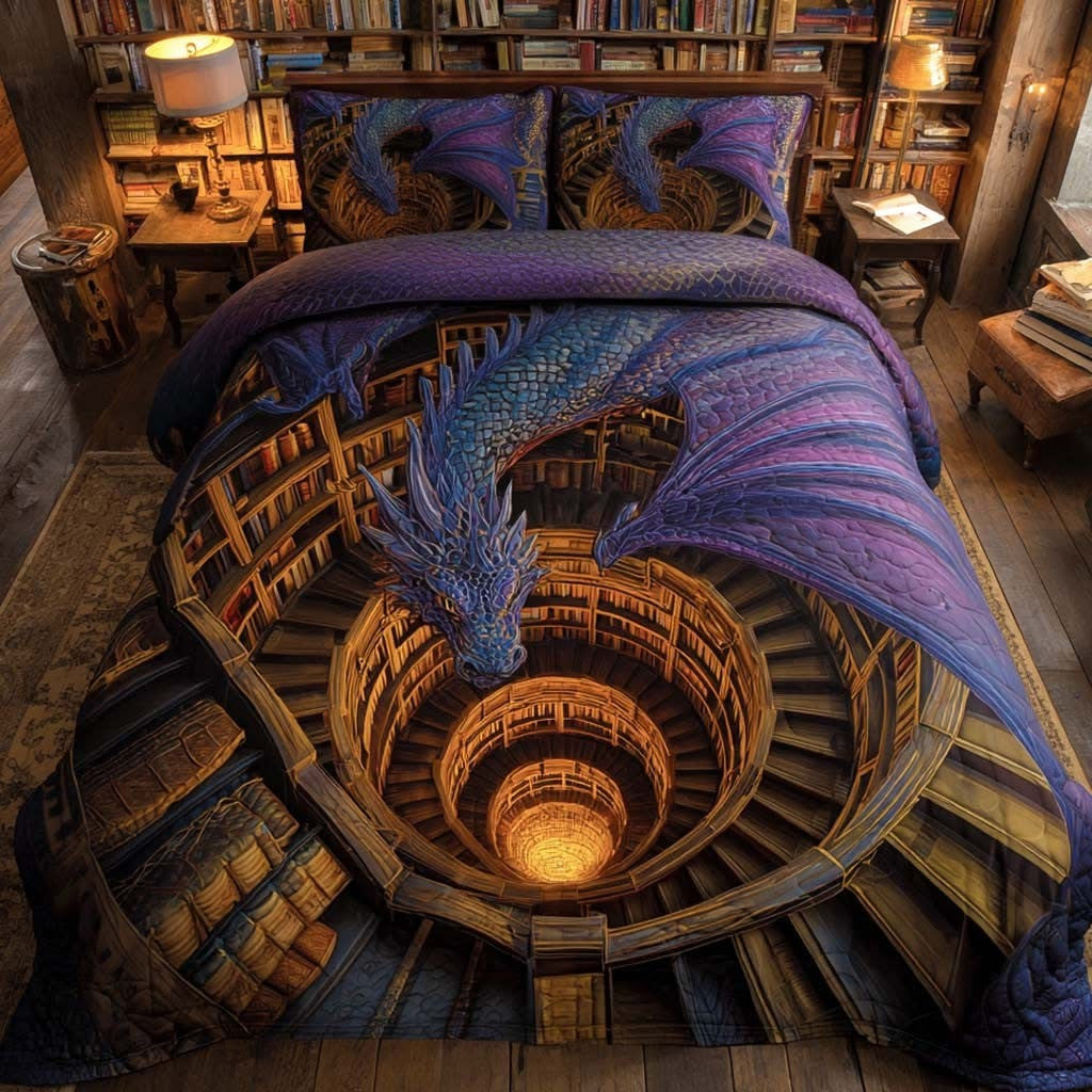 Dragon Dungeons Quilted Bedding Set Arcane Spiral Bed Decor Gift For Mythical Lovers - Otakuforge