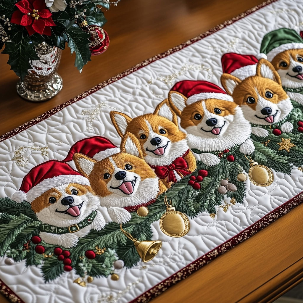 Jolly Corgi Christmas Quilted Table Runner Decorations Merch Gifts For Corgi Lover Owners - Otakuforge