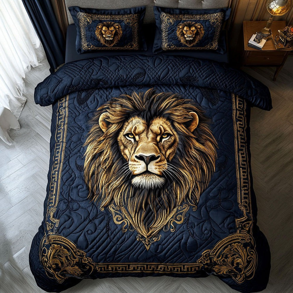Golden Lion Quilted Bedding Set Bedroom Decorations Presents For Lion Lovers - Otakuforge