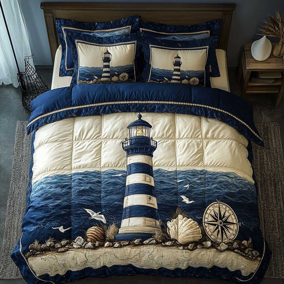 Stormy Waves Lighthouse Quilted Bedding Set Nautical Themed Bedroom Decor Gifts - Otakuforge