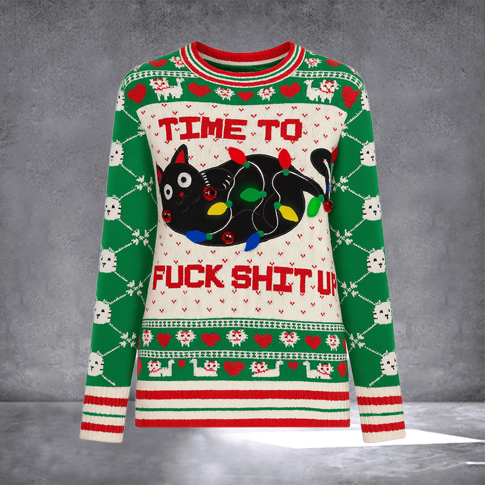 Black Cat Time To Fck Shit Up Ugly Christmas Sweater Funny Cat Apparel Winter Outfit Xmas Gifts - Otakuforge