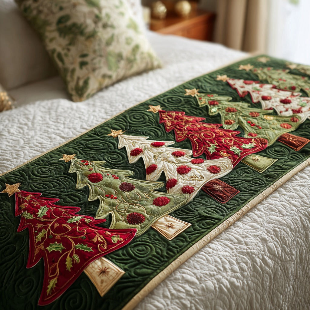 Christmas Tree Quilted Bed Runner Cozy Winter Xmas Bed Runner Holiday Decoration - Otakuforge