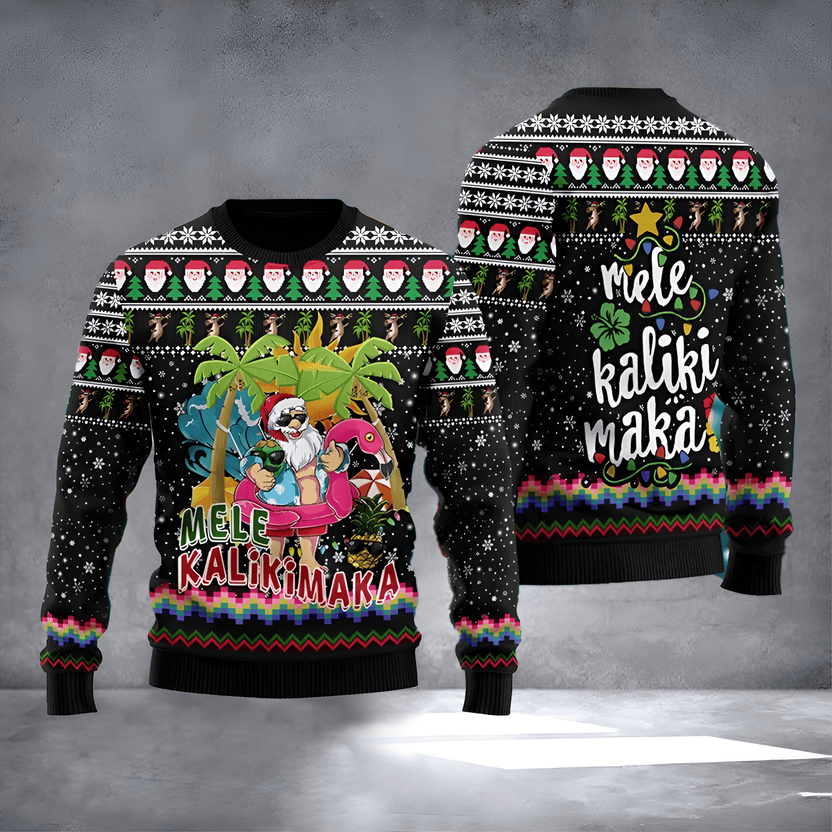 Mele Kalikimaka Santa Ugly Christmas Sweater Hawaiian Santa Sweater Funny Xmas Clothing - Otakuforge