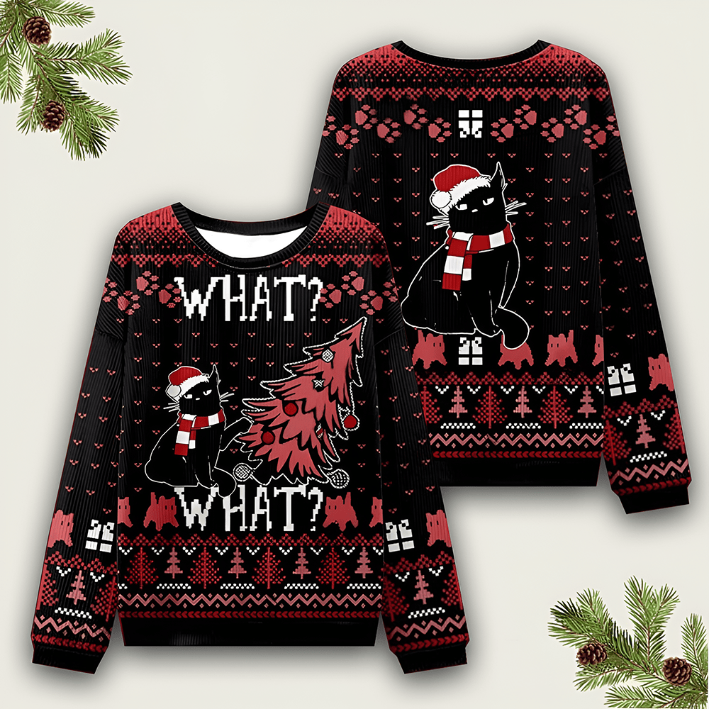 Black Cat What Christmas Ugly Sweater Funny Xmas Clothing Christmas Merch Gift For Cat Lover - Otakuforge