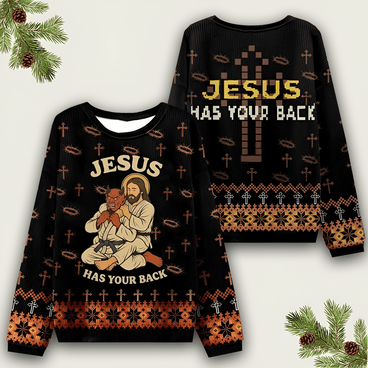 Jesus Has Your Back Ugly Christmas Sweater Dark Humor Christmas Sweaters Xmas Merch Gift Ideas - Otakuforge
