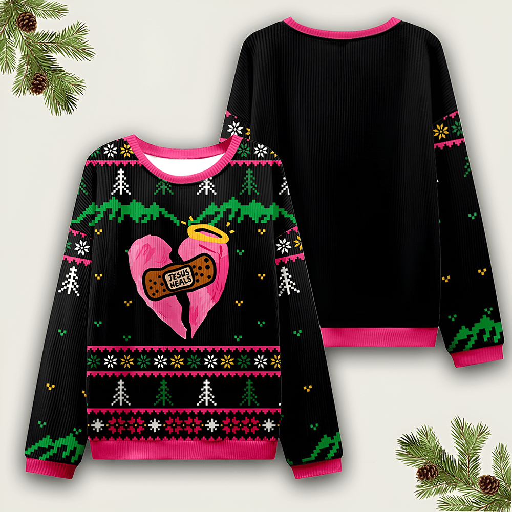 Jesus Heals Christian Ugly Christmas Sweater Pink Heart Xmas Apparel Christian Christmas Gift - Otakuforge
