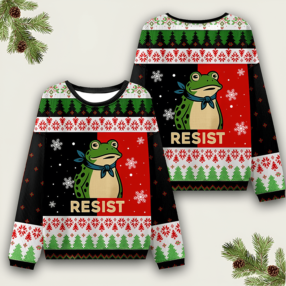 Resist Frog Ugly Christmas Sweater Antifa Shirt No Kings Merch Best Christmas Gift Ideas - Otakuforge