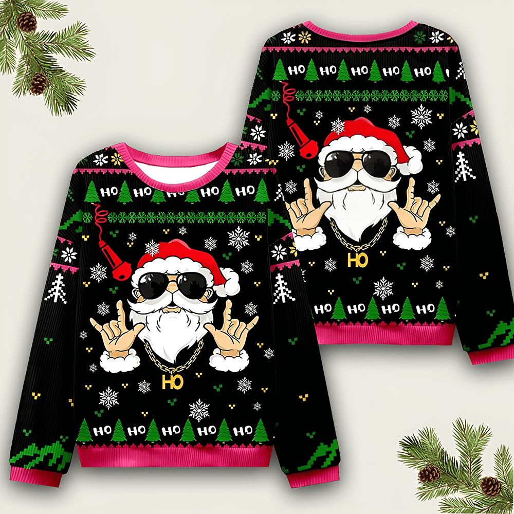 Rock Santa Christmas Ugly Sweater Funny Christmas Clothing Xmas Apparel Ugly Sweater Party - Otakuforge
