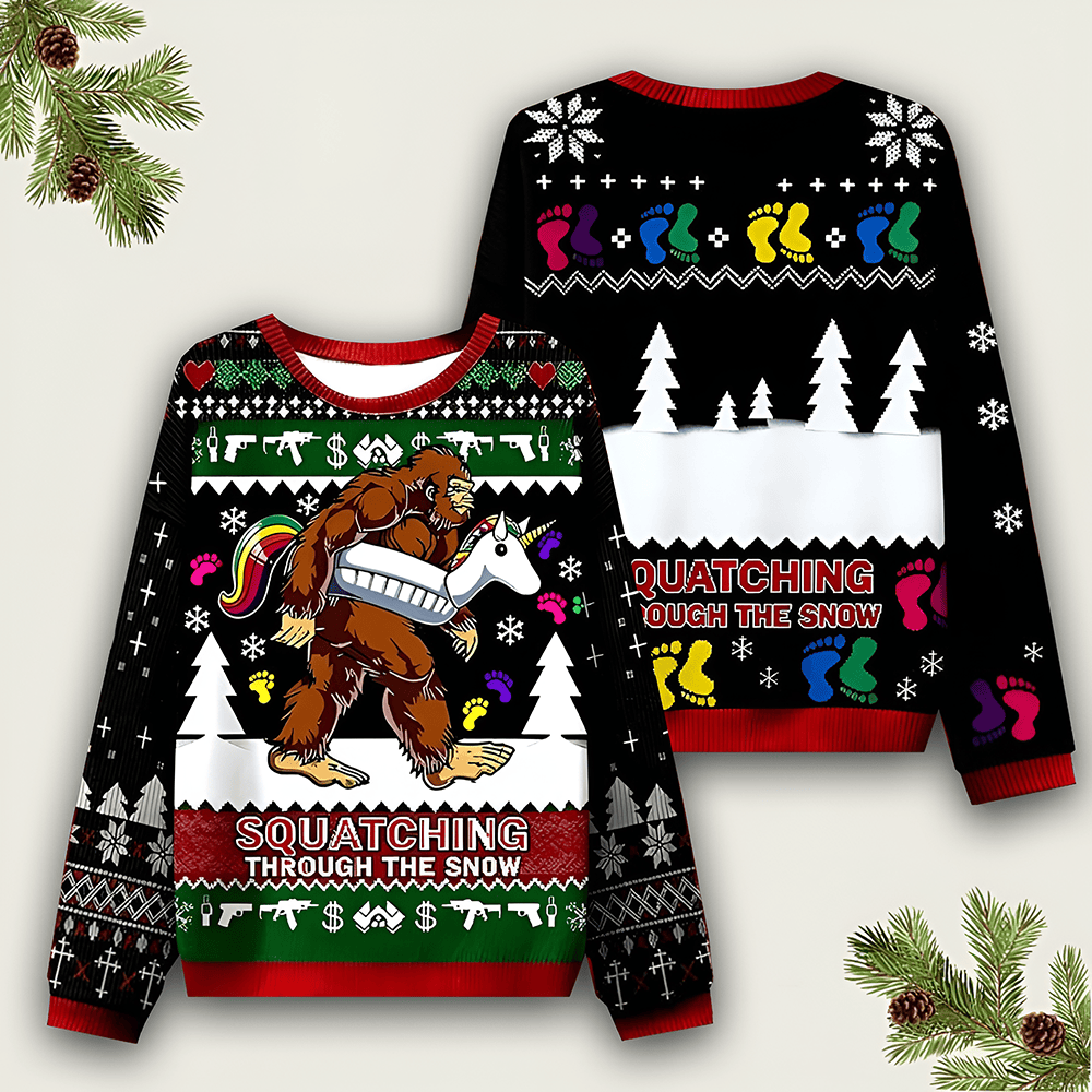 Squatching Through The Snow Ugly Sweater Funny Shirt Xmas Merch Best Christmas Gift Ideas - Otakuforge