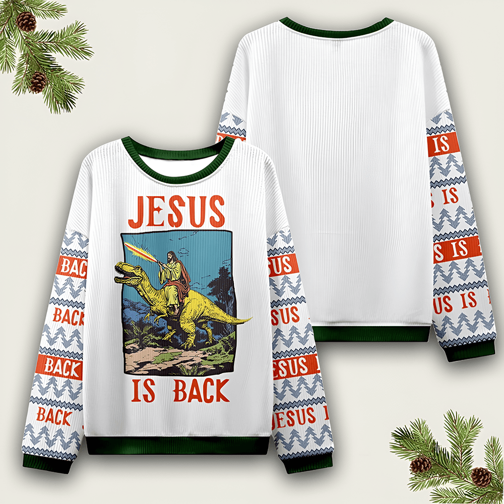 Jesus Riding Dinosaur Christmas Ugly Sweater Faith Over Fear Apparel Best Christian Gifts - Otakuforge