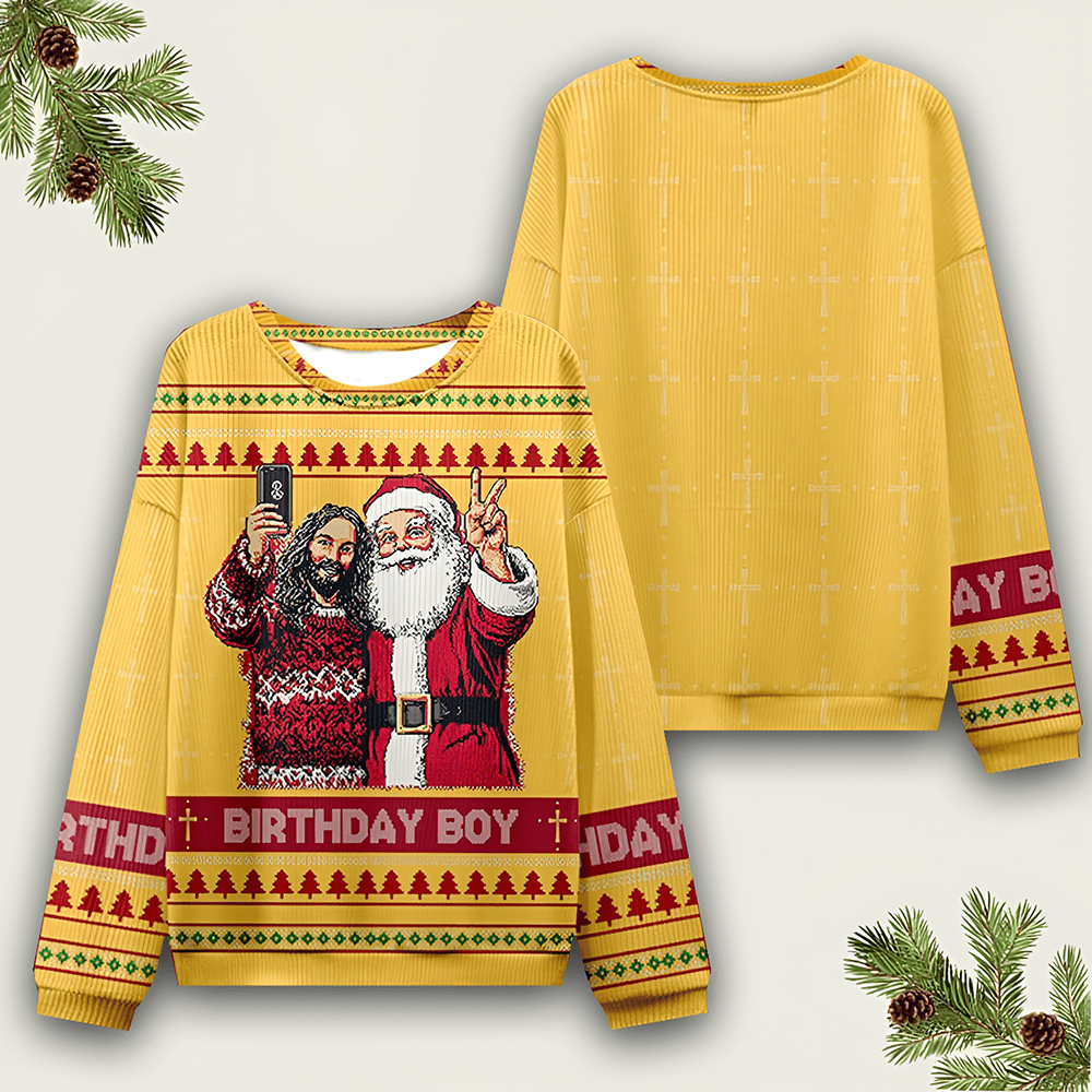 Jesus And Santa Ugly Christmas Sweater Birthday Boy Funny Christmas Merch Secret Santa Gifts - Otakuforge