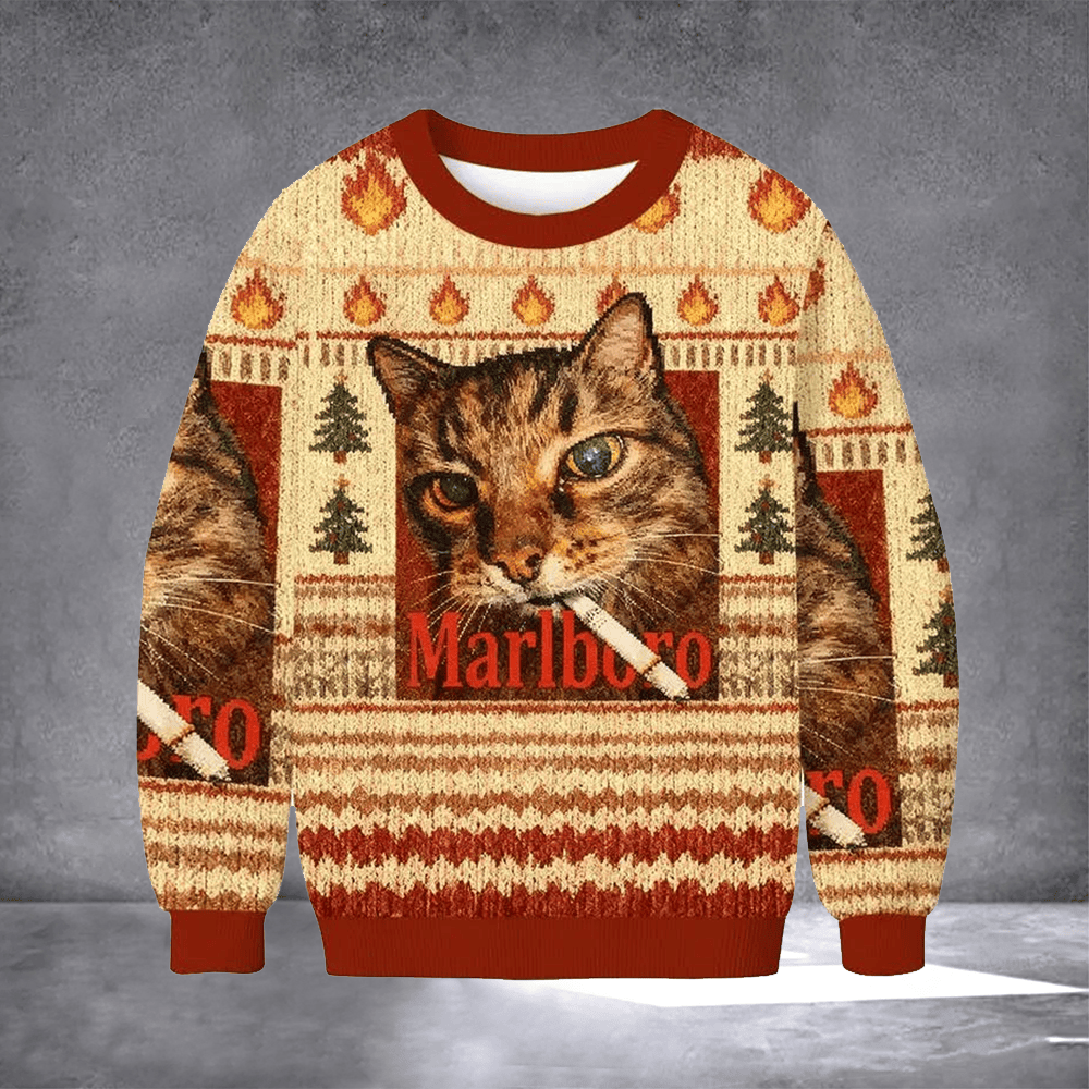 Cat Smoking Marlboro Ugly Christmas Sweater Dark Humor Holiday Sweater Meme Clothing Xmas Gift - Otakuforge