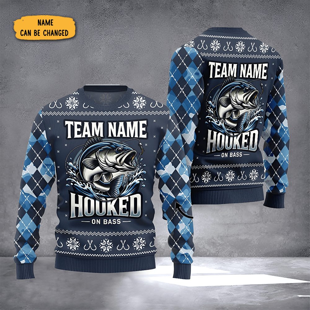 Personalized Hooked On Bass Ugly Christmas Sweater Fishing Lover Xmas Clothing Gifts - Otakuforge