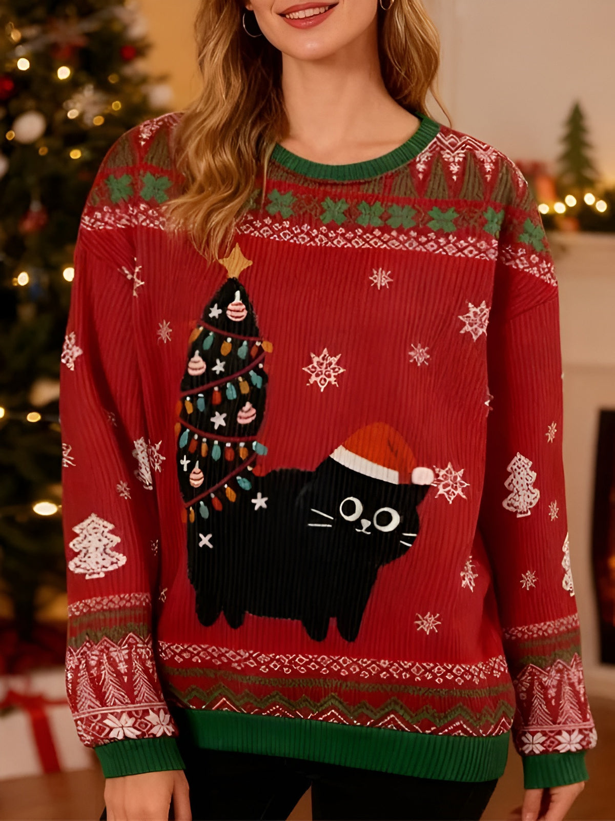 Black Cat Christmas Light Ugly Christmas Sweater Cute Christmas Clothes Cat Lovers Xmas Gift - Otakuforge