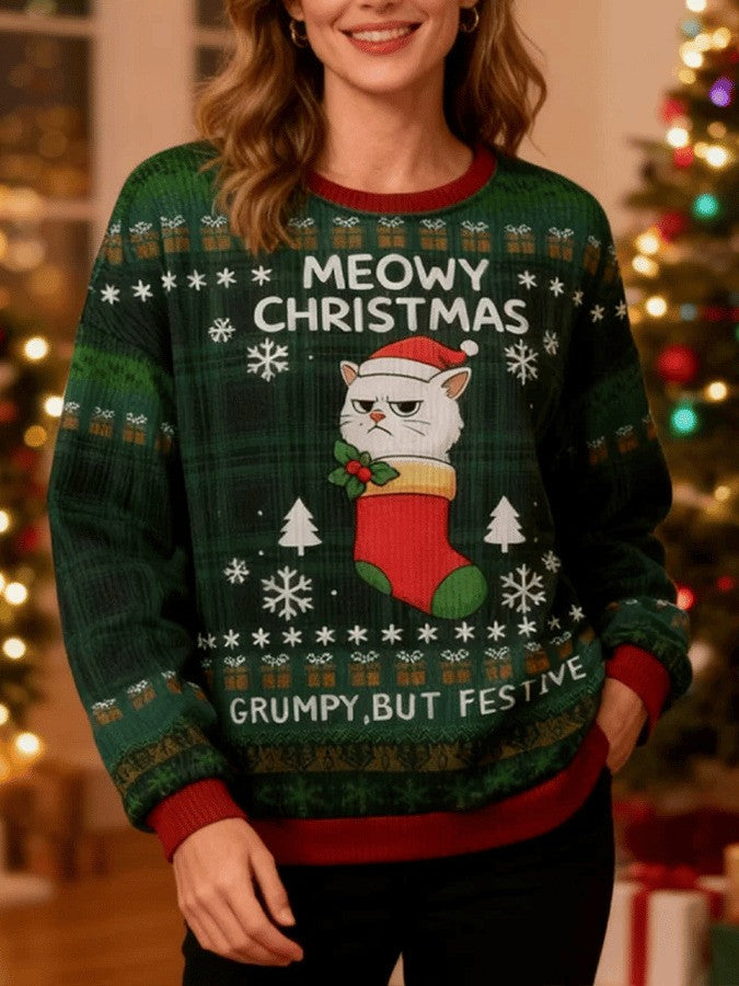Cat Meowy Christmas Ugly Christmas Sweater Cute Grumpy Cat Sweater Winter Apparel Xmas Gifts - Otakuforge