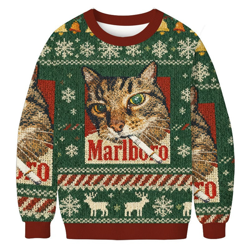 Cat Smoking Marlboro Ugly Christmas Sweater Dark Humor Holiday Sweater Meme Clothing Xmas Gift - Otakuforge