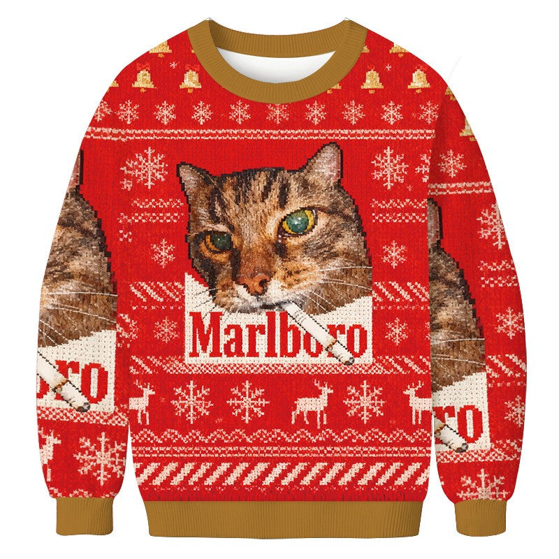Cat Smoking Marlboro Ugly Christmas Sweater Dark Humor Holiday Sweater Meme Clothing Xmas Gift - Otakuforge