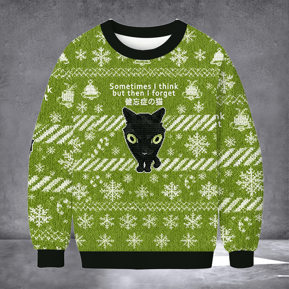 Black Cat Sometimes I Think But Then I Forget Ugly Christmas Sweater Funny Cat Lover Xmas Merch - Otakuforge