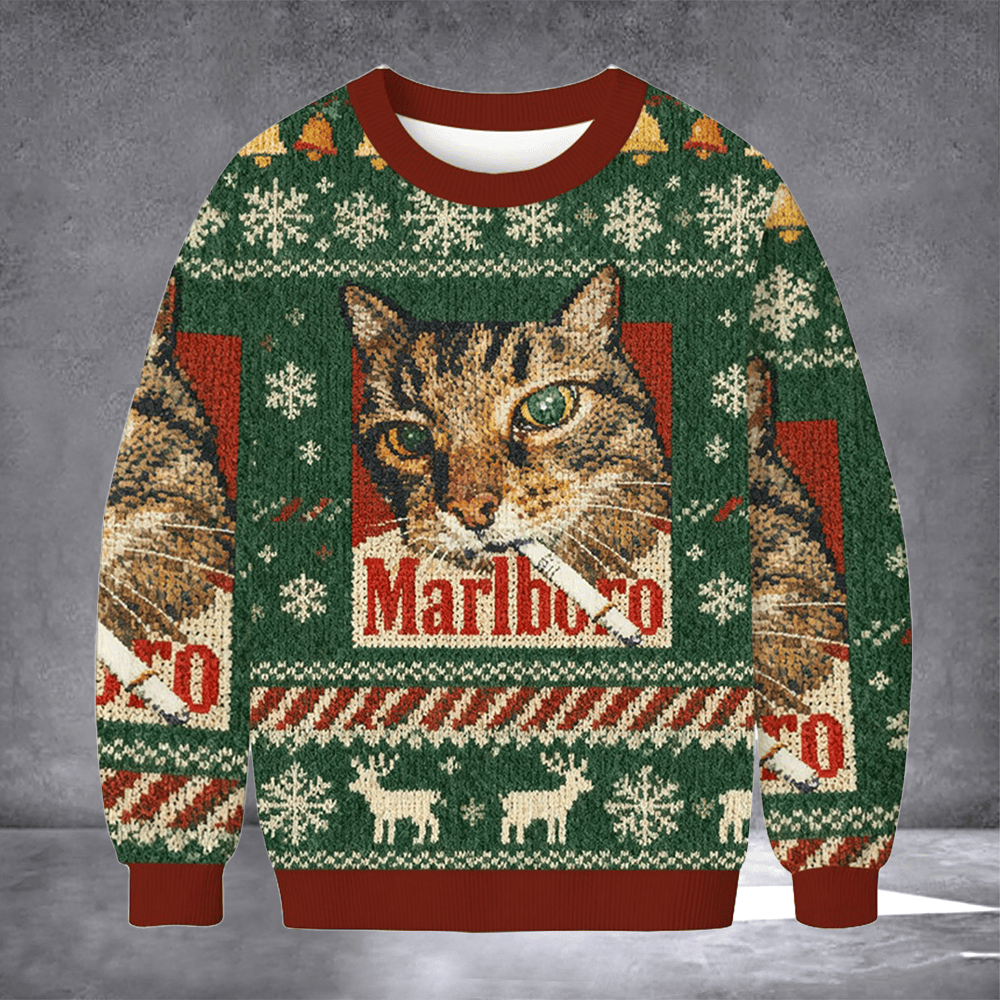 Cat Smoking Marlboro Ugly Christmas Sweater Cat Clothing Funny Winter Apparel Christmas Gifts - Otakuforge