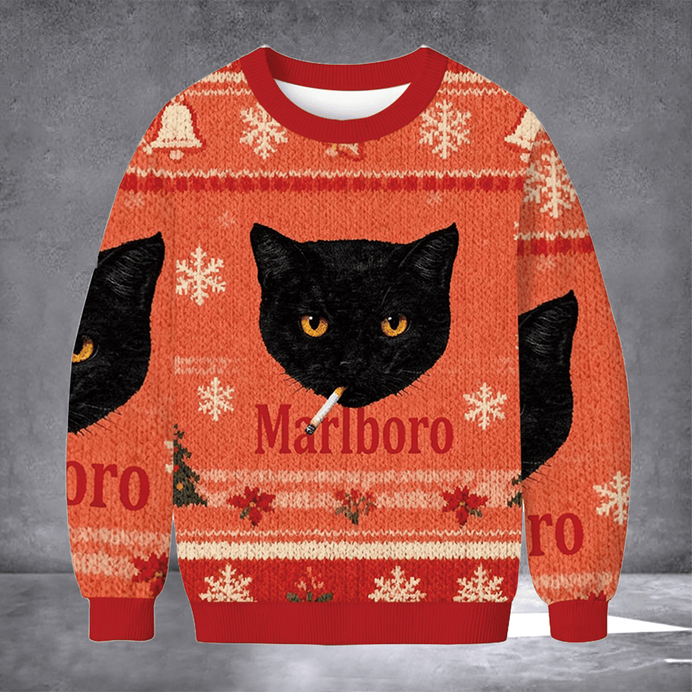 Black Cat Smoking Marlboro Ugly Christmas Sweater Winter Apparel Christmas Gifts For Cat Lovers - Otakuforge