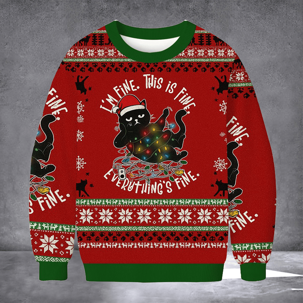 Cat I'm Fine This Is Fine Ugly Christmas Sweater Hilarious Cat Meme Clothing Xmas Gifts - Otakuforge
