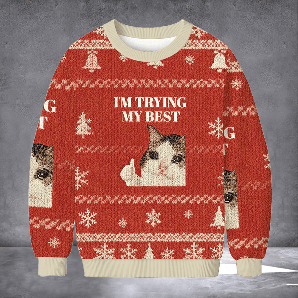 Cat I'm Trying My Best Ugly Christmas Sweater Festive Clothing Xmas Vacation Apparel - Otakuforge