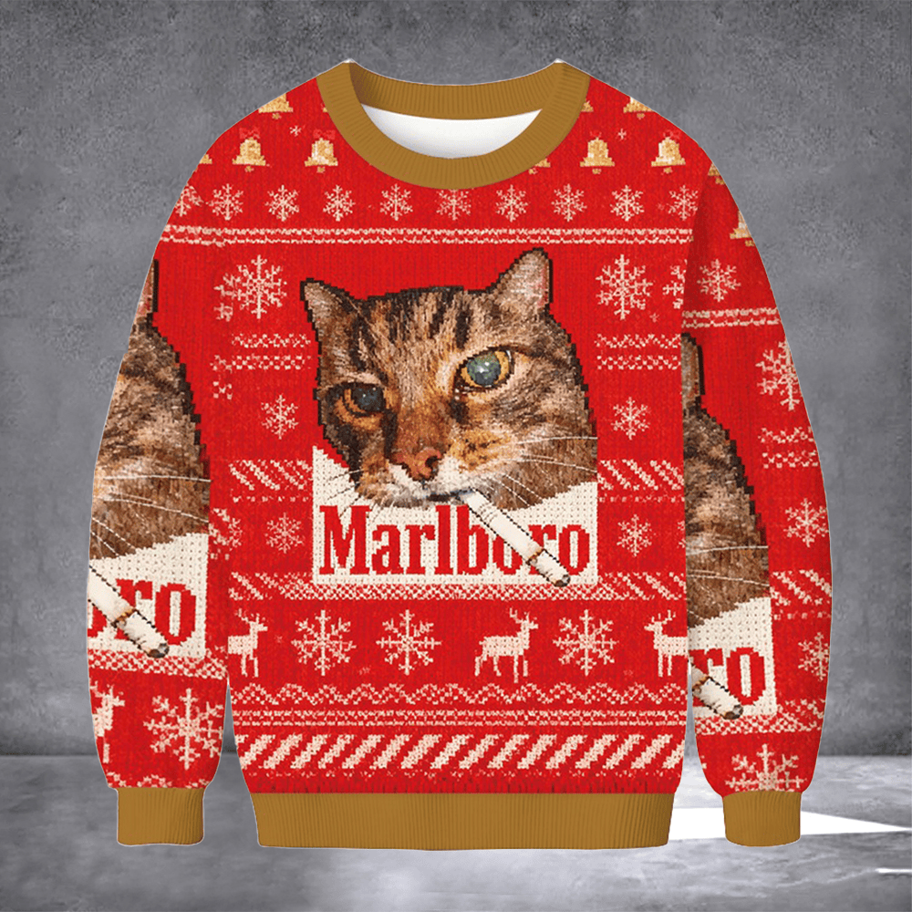Cat Smoking Marlboro Ugly Christmas Sweater Festive Apparel Holiday Clothing Xmas Gifts - Otakuforge