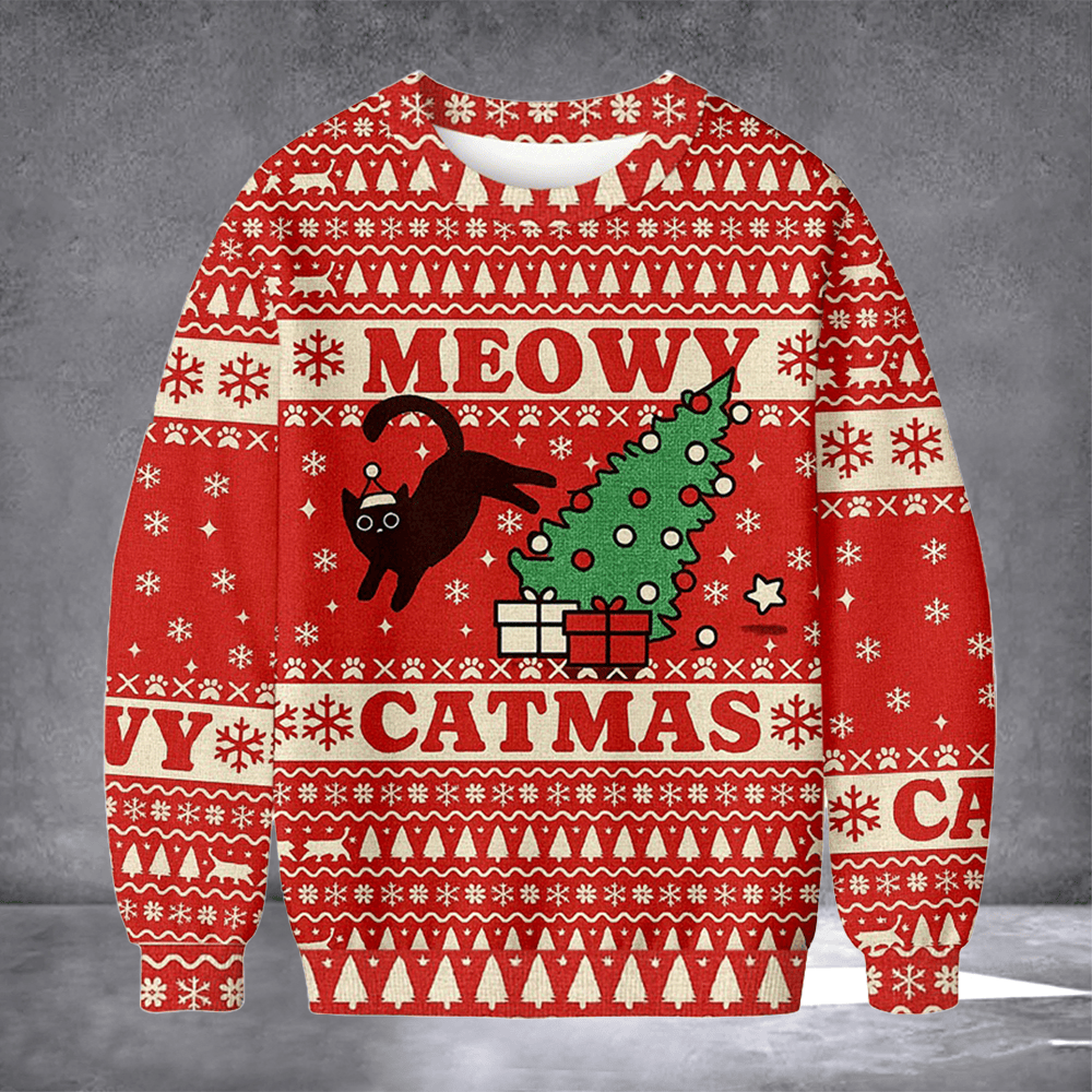 Meowy Catmas Ugly Christmas Sweater Xmas Party Outfits Winter Apparel Cat Owners Christmas Gift - Otakuforge