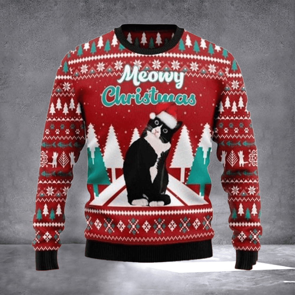 Black Cat Meowy Christmas Ugly Christmas Sweater Xmas Sweater Winter Apparel Holiday Presents - Otakuforge